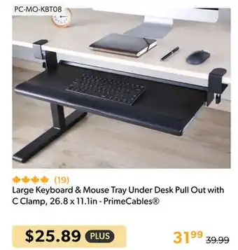 Shopper+ Large keyboard & mouse tray under desk pull out with c clamp, 26.8 x 11.1in - primecables offer