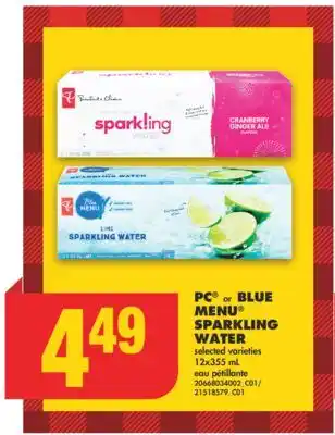 No Frills Pc or blue menu sparkling water, 12x355 ml offer