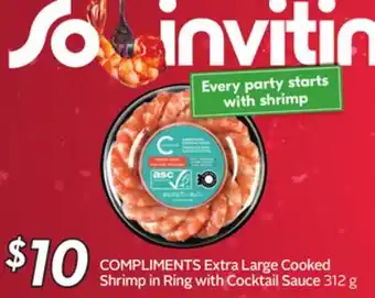 Sobeys Compliments extra large cooked shrimp in ring with cocktail sauce offer