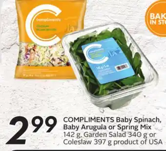 Sobeys Compliments baby spinach, baby arugula or spring mix offer