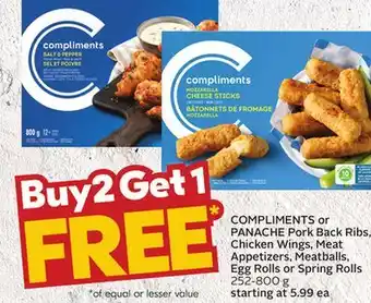 Sobeys Compliments or panache pork back ribs, chicken wings, meat appetizers, meatballs, egg rolls or spring rolls offer