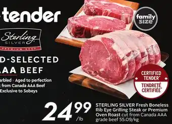 Sobeys Fresh boneless rib eye grilling steak or premium oven roast offer