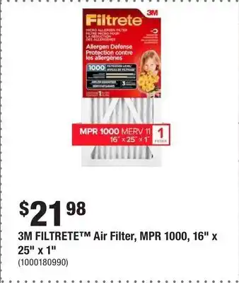 Home Depot 3m filtrete air filter, mpr 1000, 16 x 25 x 1 offer