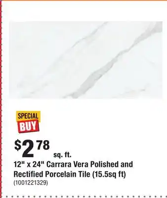 Home Depot 12 x 24 carrara vera polished and rectified porcelain tile (15.5sq ft) offer