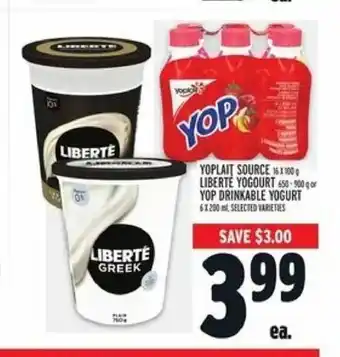 Metro Yoplait Source Liberte Yogourt or Yop Drinkable Yogurt offer