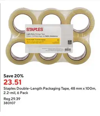 Staples Staples double-length packaging tape, 48 mm x 100m, 2.2-mil, 6 pack offer