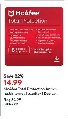 Staples Mcafee total protection antivirus&internet security- 1 device (windows/mac/android/ios/chromeos)- 1-year subscription (downlo offer