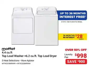 Visions Electronics Moffat 4.4 cu.ft top load washer +6.2 cu.ft. top load dryer offer