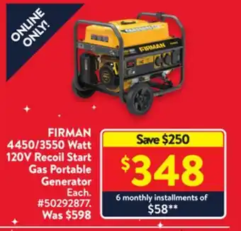 Walmart Firman 4450/3550 watt 120v recoil start gas portable generator offer