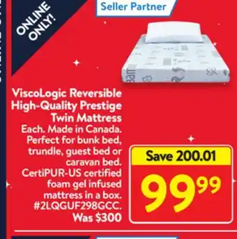 Walmart Viscologic reversible high-quality prestige twin mattress offer