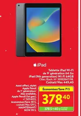 Walmart Ipad (9th generation) wi-fi 64gb offer