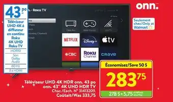 Walmart Onn. 43 4k uhd hdr tv offer