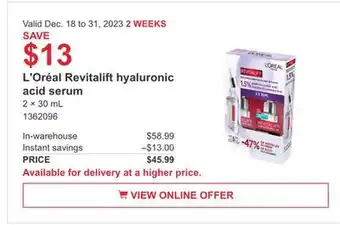 Costco L'oréal revitalift hyaluronic acid serum offer