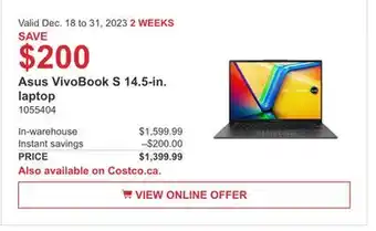 Costco Asus vivobook s 14.5 in laptop offer