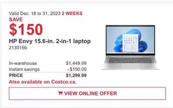 Costco Hp envy 15.6-in, 2-in-1 laptops offer