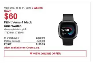 Costco Fitbit versa 4 black smartwatch offer