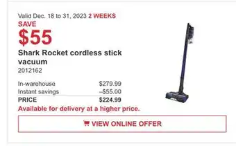 Costco Shark rocket cordless stick vacuum offer
