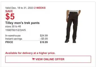 Costco Tilley men's trek pants offer