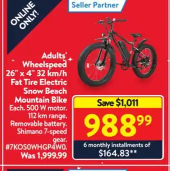 Walmart Adults' wheelspeed 26 x 4 32 km/h fat tire electric snow beach mountain bike offer
