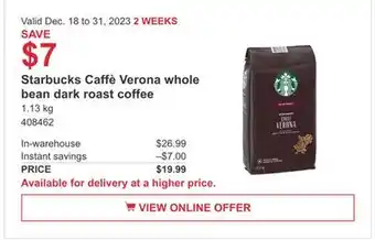 Costco Starbucks caffé verona whole bean dark roast coffee offer