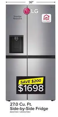 Leon's Lg platinum silver 36 side by side refrigerator with smooth touch dispenser (27 cu.ft) - lrsxs2706v offer