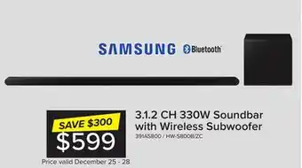 Leon's Samsung 330w 3.1.2ch soundbar with wireless dolby atmos and dts:x - hw-s800b/zc offer