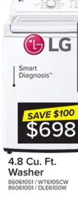 Leon's Lg white top load washer with agitator and slamproof glass lid (4.8 cu. ft) -wt6105cw offer