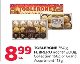 Rexall Toblerone 360g, ferrero rocher 200g, collection 156g or grand assortment 118g offer