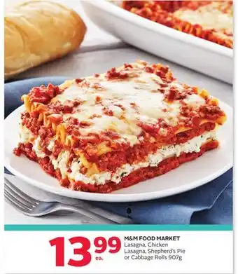 Rexall M&m food market lasagna, chicken lasagna, shepherd's pie or cabbage rolls offer