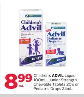 Rexall Children's advil liquid 100ml, junior strength chewable tablets 20' s or pediatric drops 24ml offer