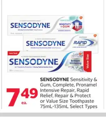 Rexall Sensodyne sensitivity & gum, complete, pronamel intensive repair, rapid relief, repair & protect or value size toothpaste offer