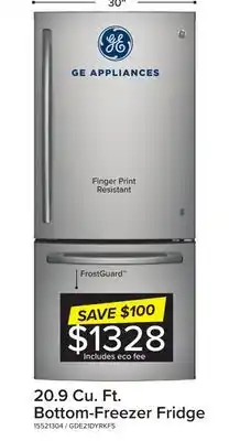 Leon's Ge fingerprint resistant stainless 30 bottom-mount refrigerator (20.9 cu ft)- gde21dyrkfs offer