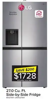 Leon's Lg platinum silver 36 side by side refrigerator with smooth touch dispenser (27 cu.ft) - lrsxs2706v offer