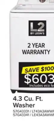 Leon's L2 white top load washer with french display (4.3 cu. ft) - lt43a3awwfr offer