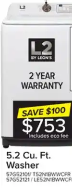 Leon's L2 white top load washer with french display (5.2 cu. ft) - lt52n1bwwcfr offer