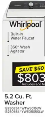 Leon's Whirlpool white top load washer with built-in faucet (5.2 cu.ft.) - wtw5015lw offer