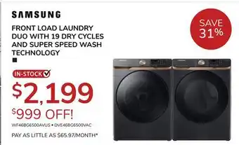 Goemans Appliances Samsung front load laundry duo with 19 dry cycles and super speed wash technology offer