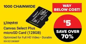 Visions Electronics Kingston canvas select plus microsd card (128gb) offer