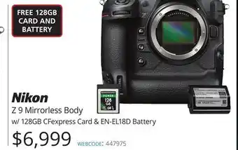 Vistek Nikon mirrorless body w/128gb cfexpress card & en-el18d battery offer