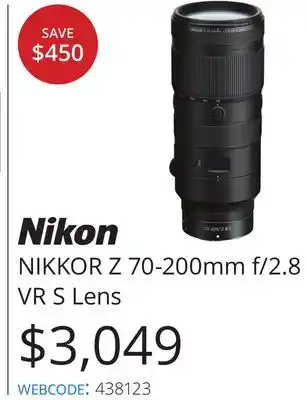 Vistek Nikon nikkor z 70-200mm f/2.8 vr s lens offer