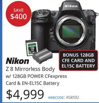 Vistek Nikon z 8 mirrorless body w/128gb power cfexpress card & en-el15c battery offer