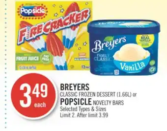Shoppers Drug Mart Breyers classic frozen dessert (1.66l) or popsicle novelty bars offer