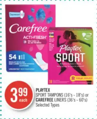 Shoppers Drug Mart Playtex sport tampons (16's - 18's) or carefree liners (36's - 60's) offer