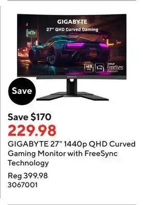 Staples Gigabyte 27 1440p qhd curved gaming monitor with freesync technology offer