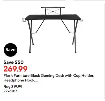 Staples Flash furniture black gaming desk with cup holder, headphone hook, & monitor/smartphone stand offer