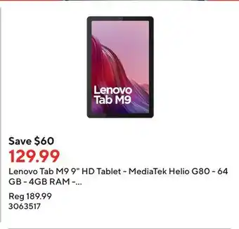 Staples Lenovo tab m9 9 hd tablet - mediatek helio g80 - 64 gb - 4gb ram - android 12 or later - arctic grey offer