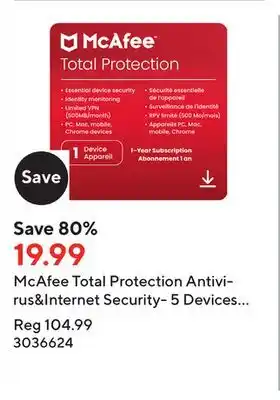 Staples Mcafee total protection antivirus&internet security- 5 devices (windows/mac/android/ios/chromeos)-1-year subscription (downlo offer