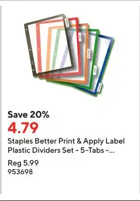 Staples Staples better print & apply label plastic dividers set - 5-tabs - assorted colours offer
