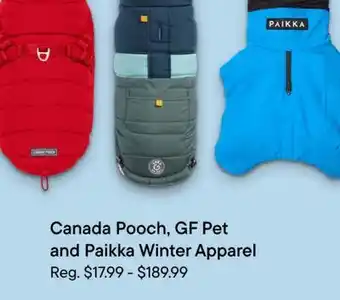 Petvalu Canada pooch, gf pet and paikka winter apparel offer