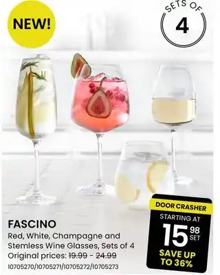 Stokes Fascino red, white, champagne and stemless wine glasses offer